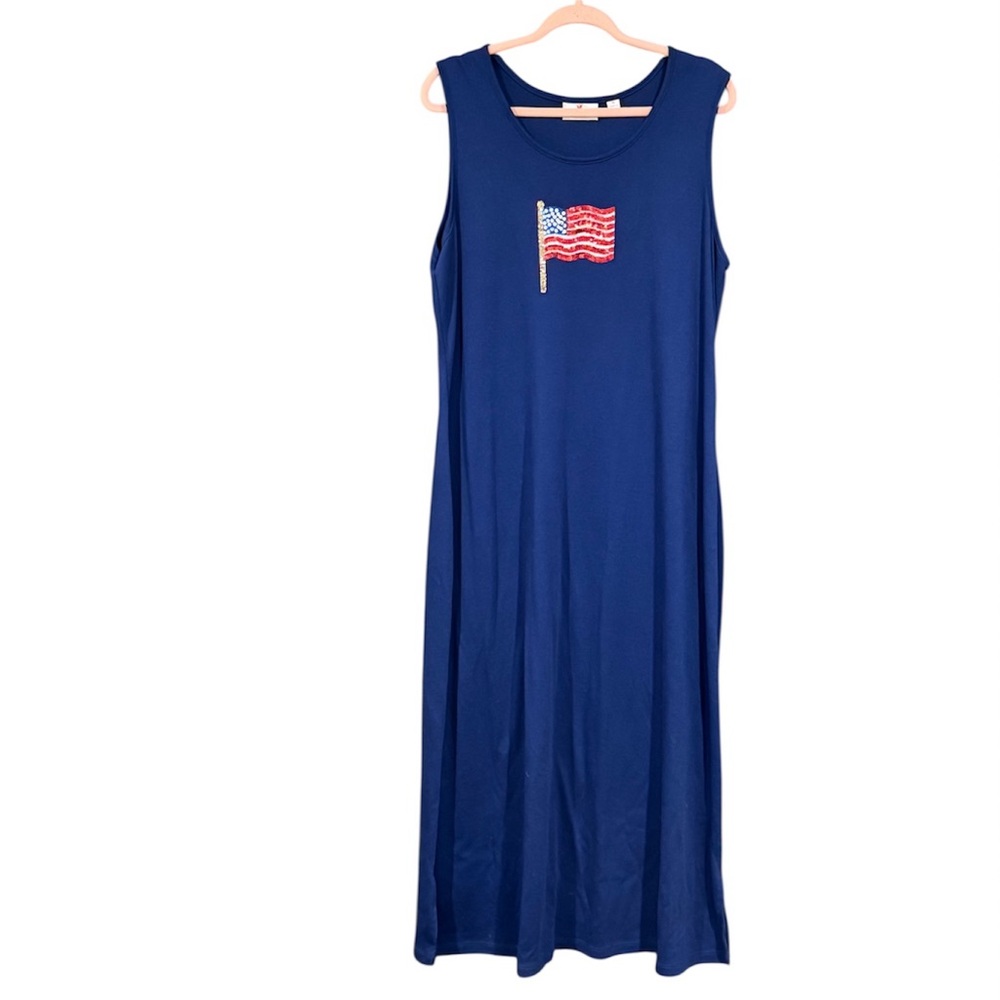 Quacker Factory Women’s‎ Sequin Flag Tank Maxi Dress Navy Blue Size XL